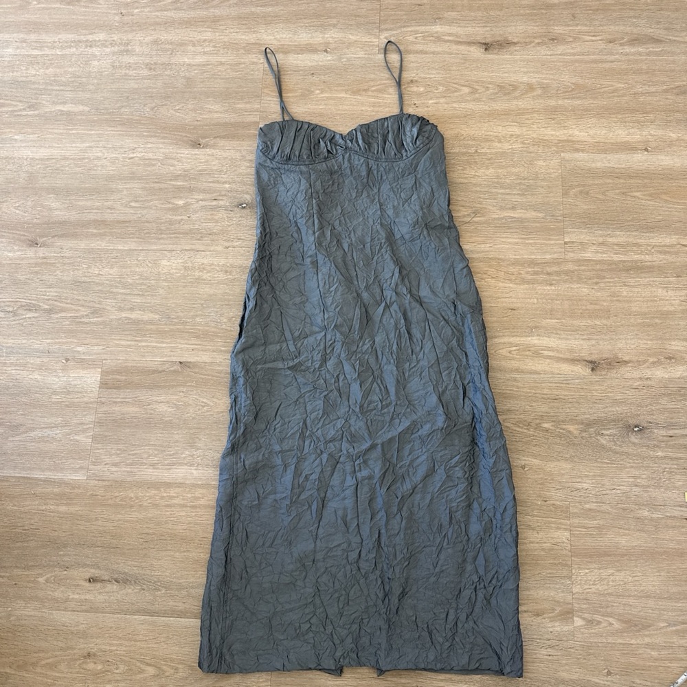 NWT Zara Crinkled Open Back Spaghetti Strap Slip Dress in Charcoal Gray M